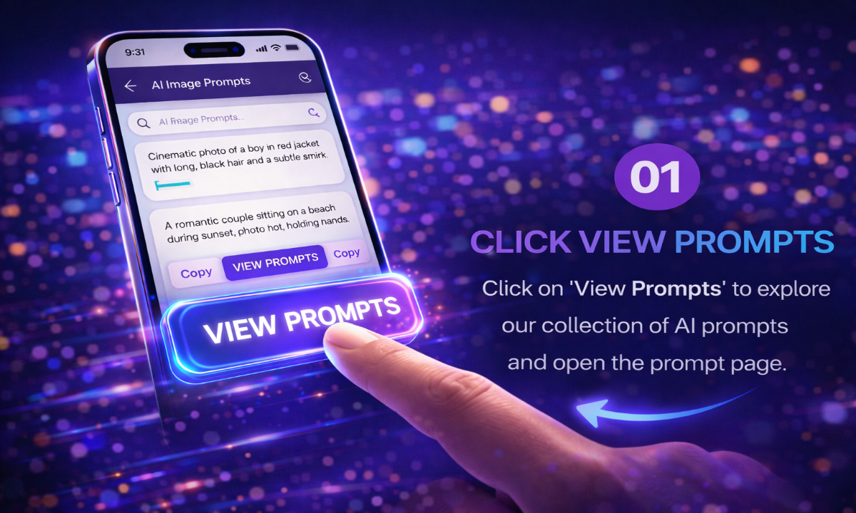 AI prompt website interface showing view prompts button with neon glow and user interaction