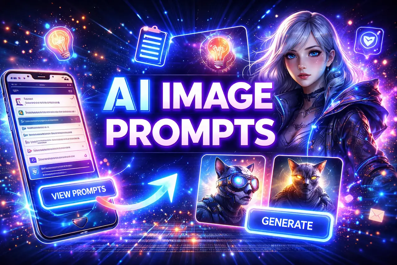 AI image prompts banner with neon UI design showing prompt generator and creative AI tools