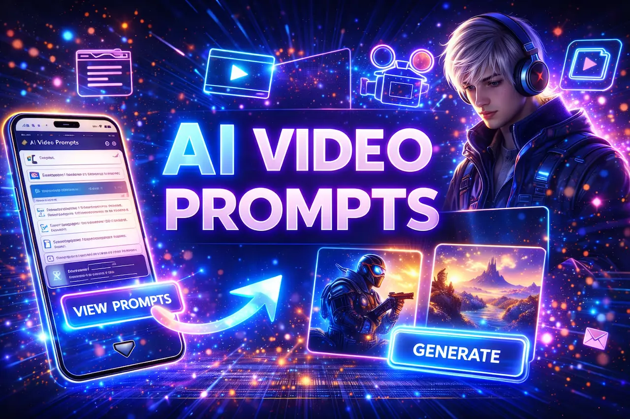 AI video prompts banner with neon UI showing video generation interface and creative AI tools